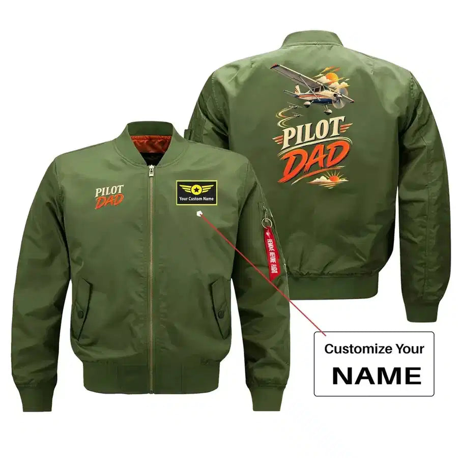 SIGNAL 612 - Pilot Dad - Bomber Jacket design on green bomber jacket with custom name badge