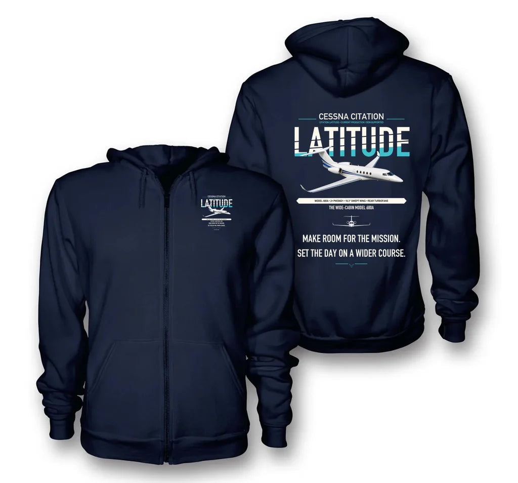 Cessna Citation Latitude design on navy blue premium zipped hoodie, double-side print