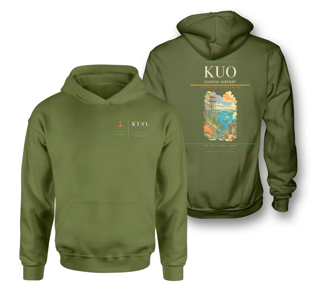Kuopio Airport (KUO) design on green army double-side hoodie