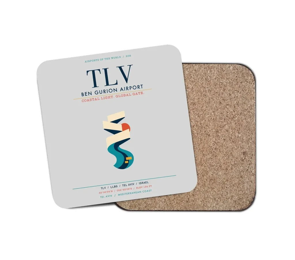 Tel Aviv Ben Gurion Airport (TLV) design on light gray 1 piece coaster