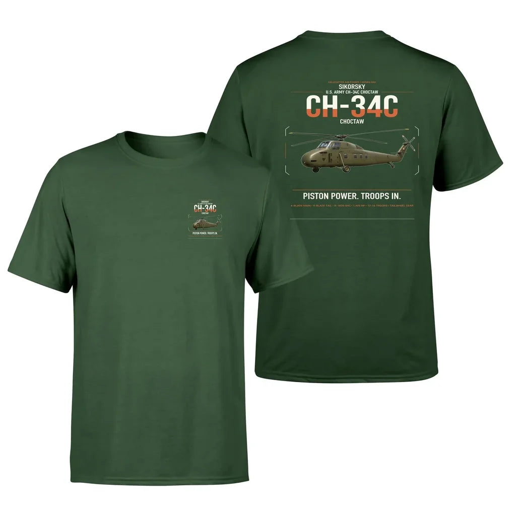 Sikorsky CH-34C Choctaw design on dark green t-shirt, double-side print
