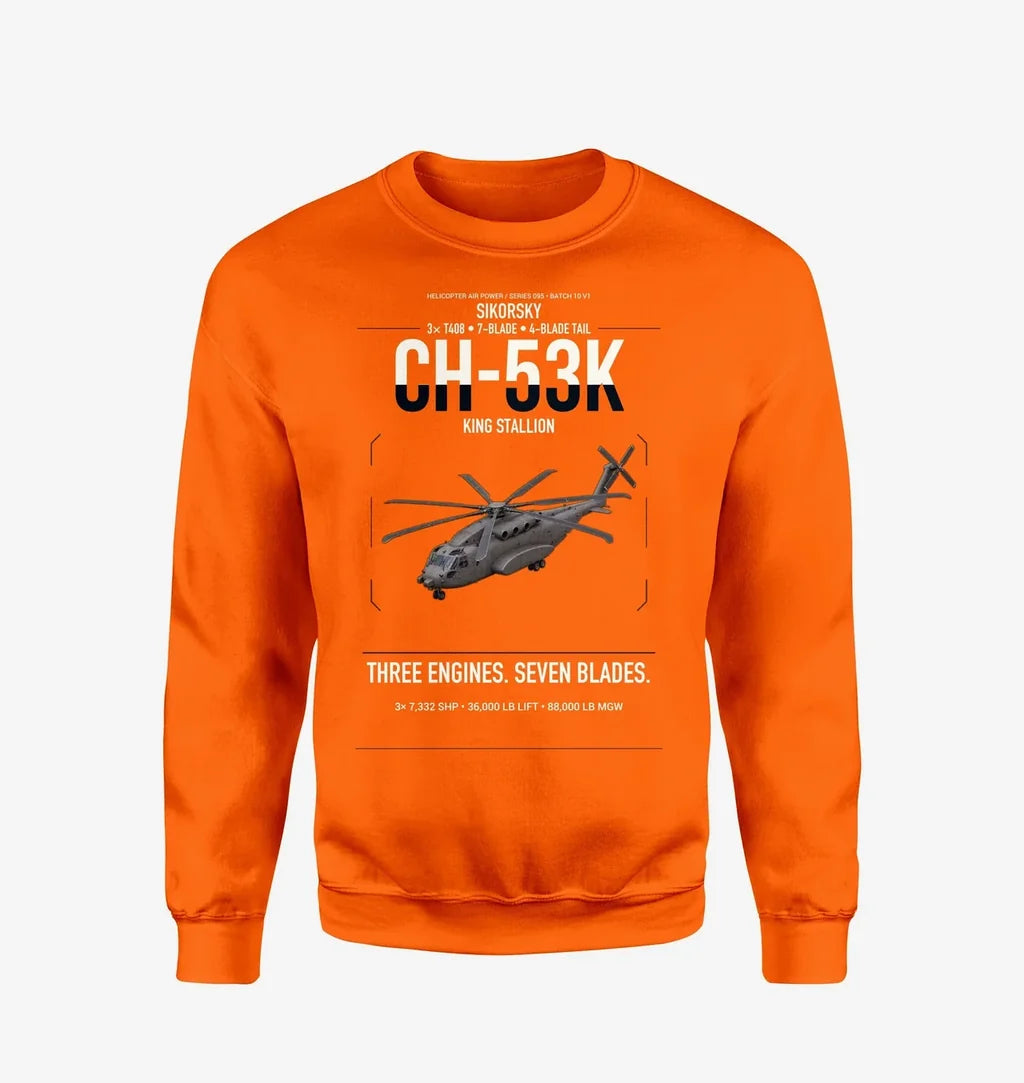Sikorsky CH-53K King Stallion design on orange sweatshirt