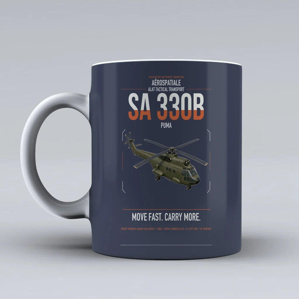 Aérospatiale SA 330B Puma design on dark blue ceramic mug, double-side print