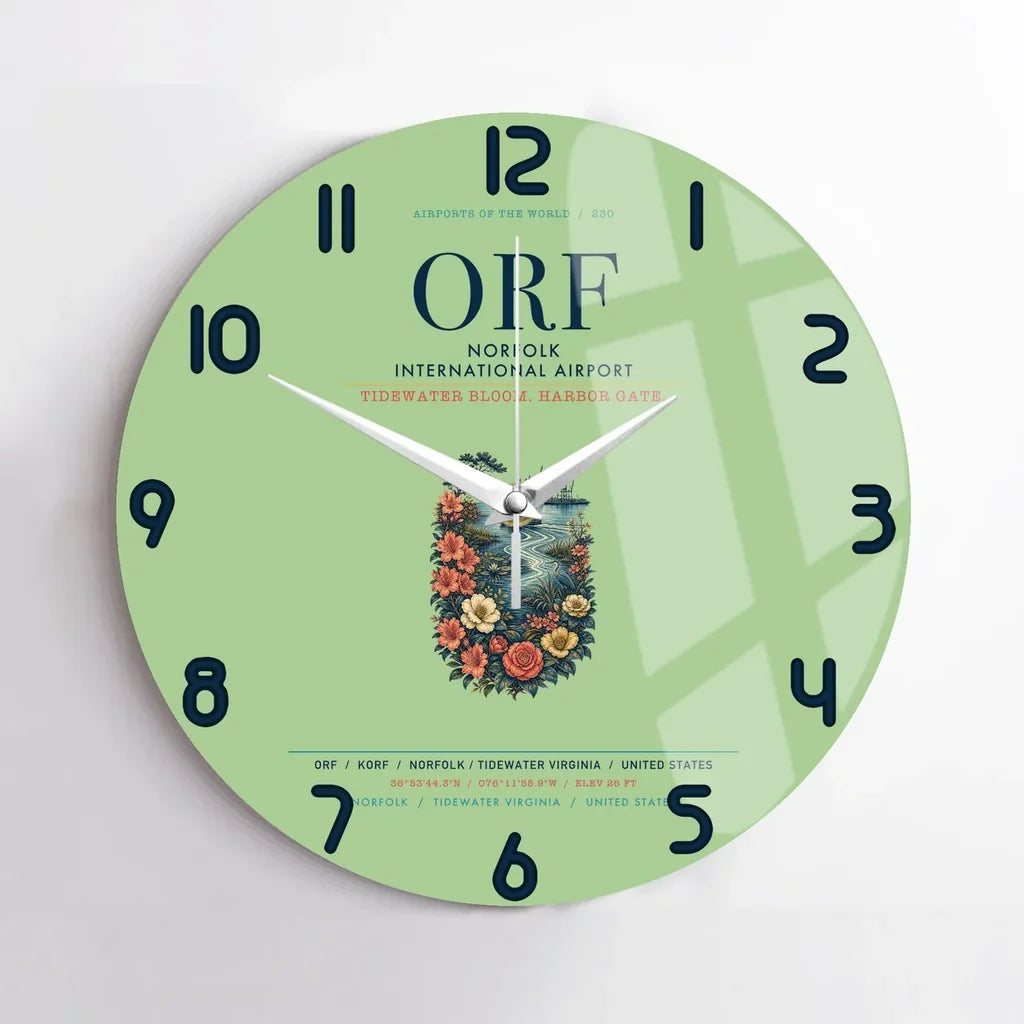 Norfolk International Airport (ORF) design on light green no frame wall clock