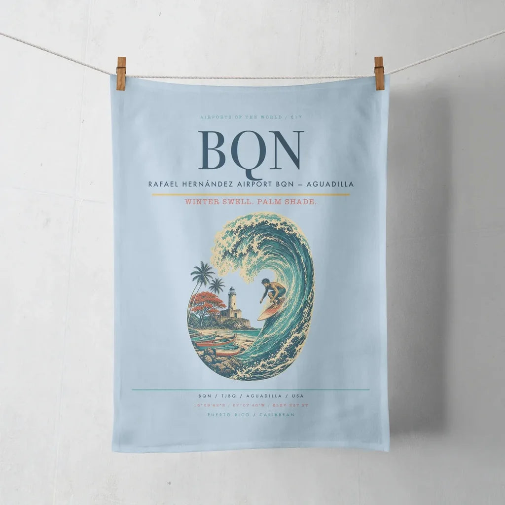 Rafael Hernández Airport (BQN) design on light blue towel