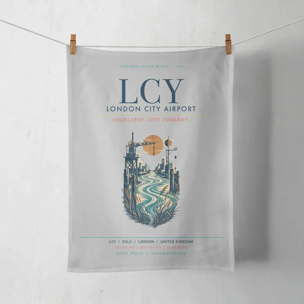 London City Airport (LCY) design on light gray towel
