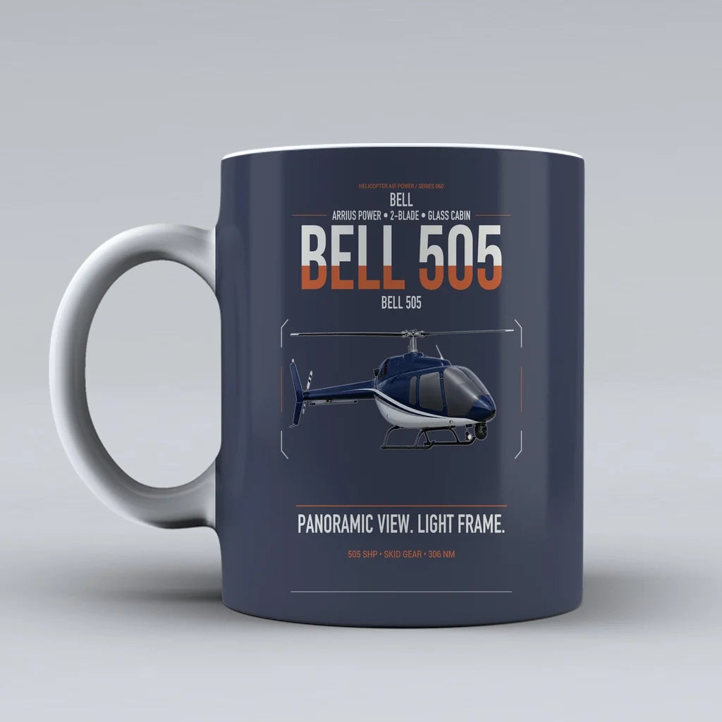 Bell 505 design on dark blue ceramic mug, double-side print