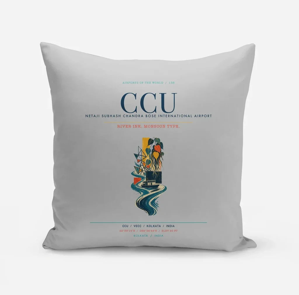Netaji Subhash Chandra Bose International Airport Kolkata (CCU) design on light gray pillow
