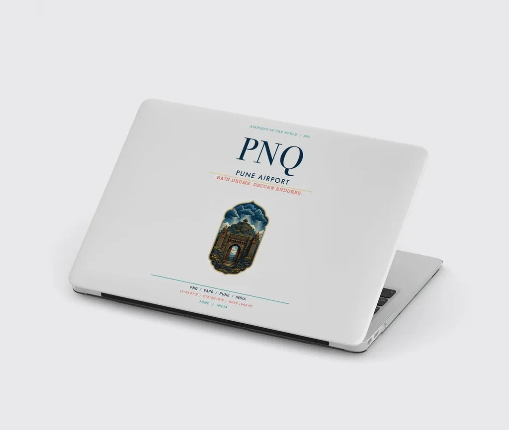 Pune Airport (PNQ) design on light gray MacBook case