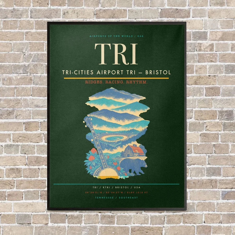 Tri-Cities Airport TRI — Bristol vertical canvas print - framed - dark green background