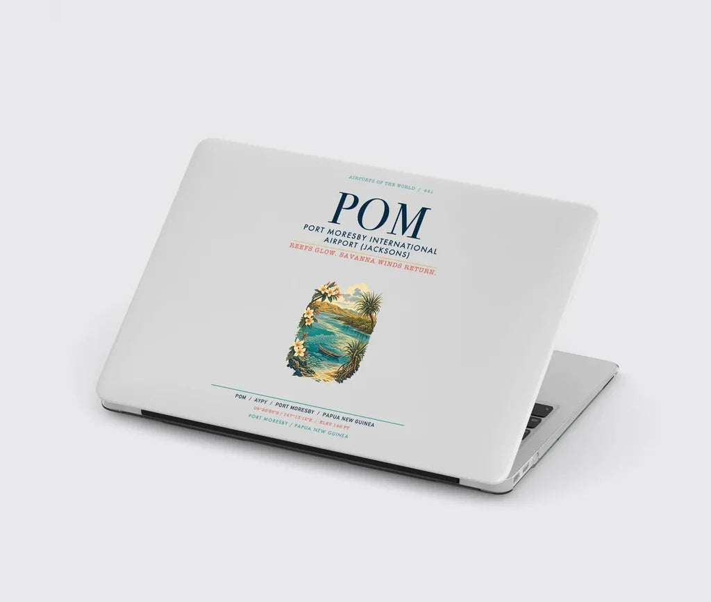 Port Moresby International Airport (POM) design on light gray MacBook case