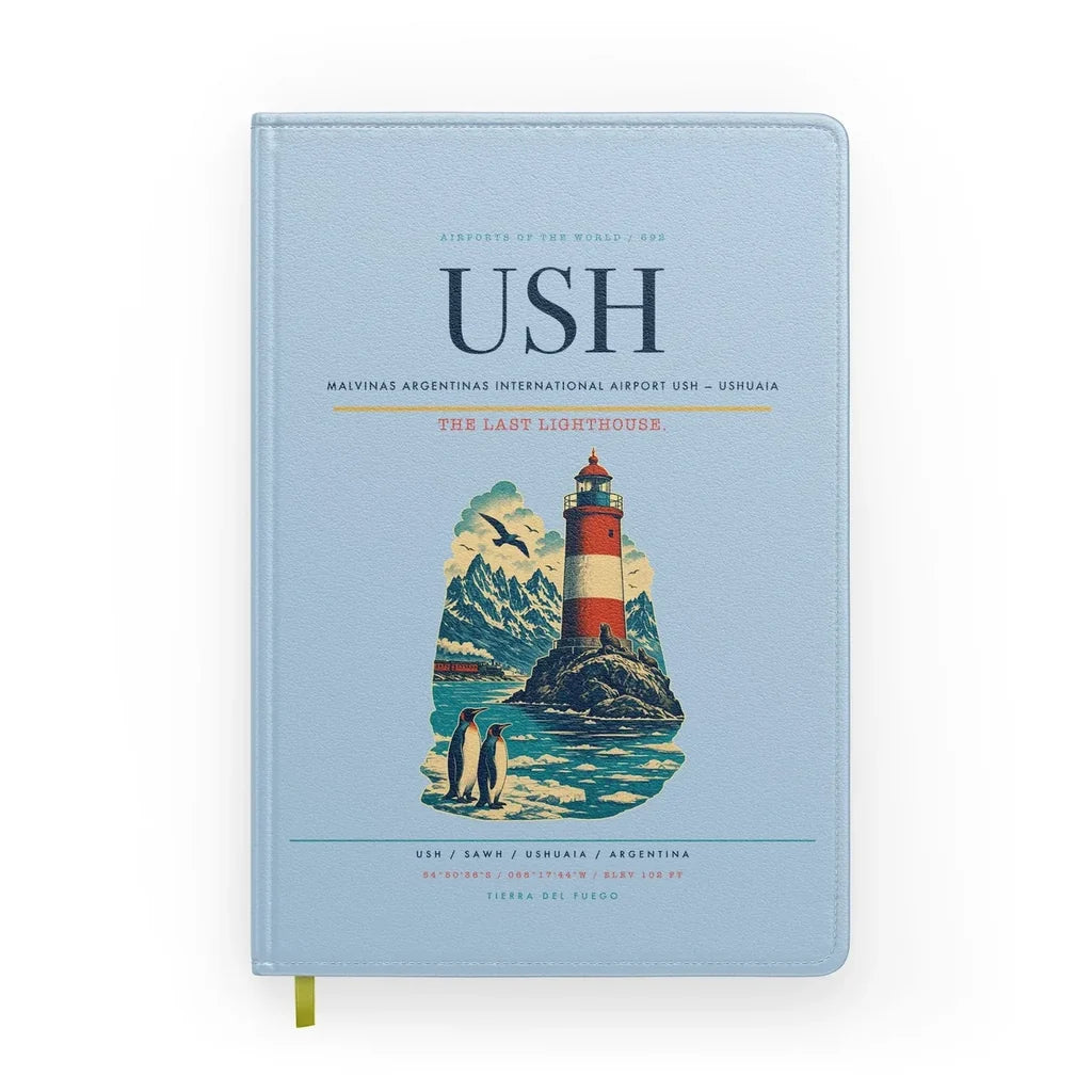 Malvinas Argentinas International Airport (USH) design on light blue notebook