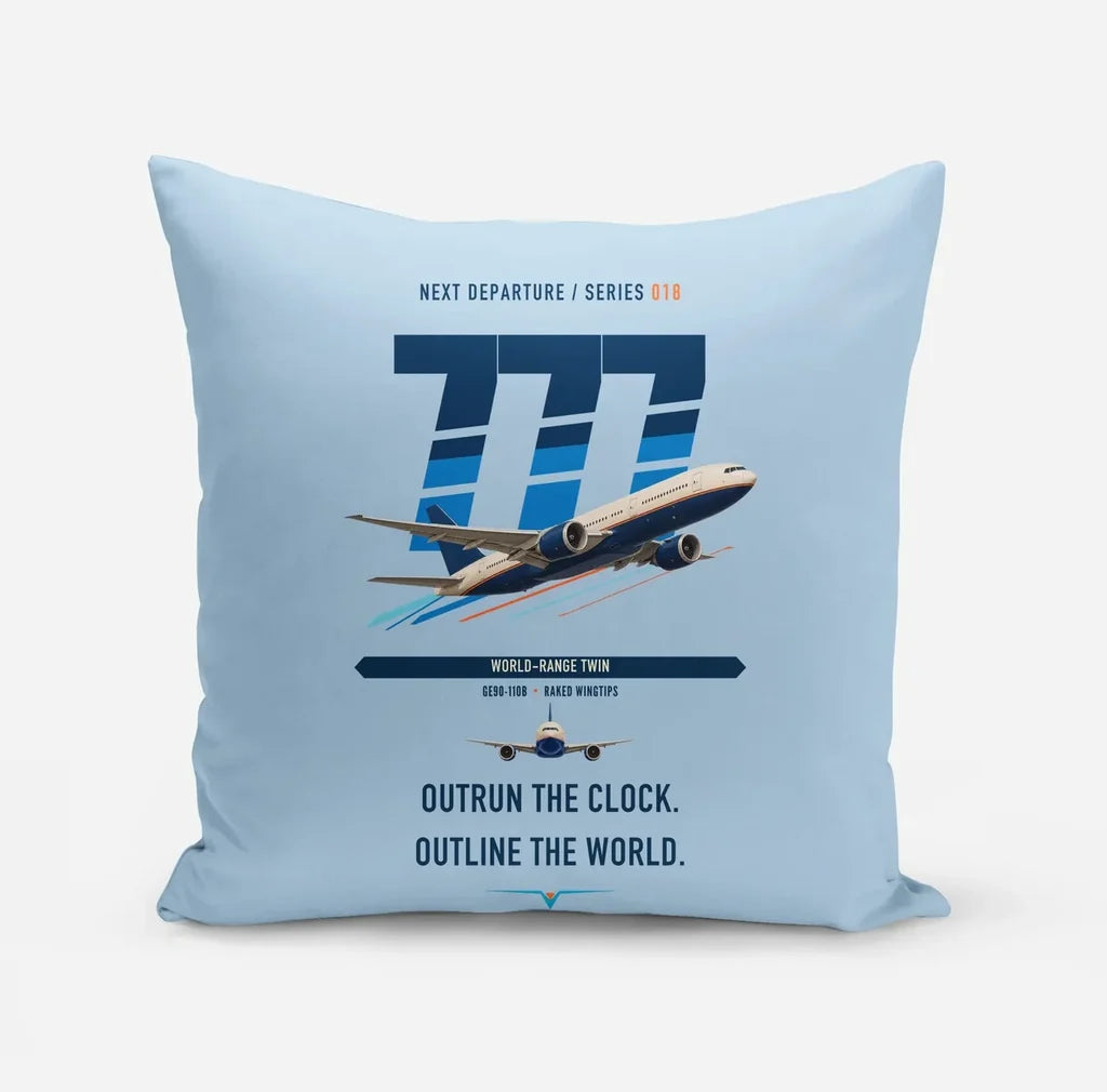 Boeing 777-200LR design on light blue pillow