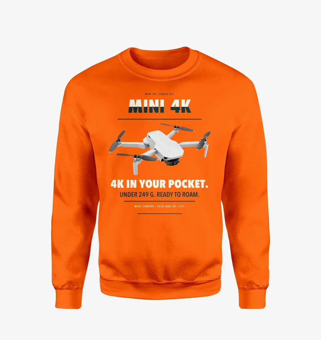 DJI Mini 4K design on orange sweatshirt