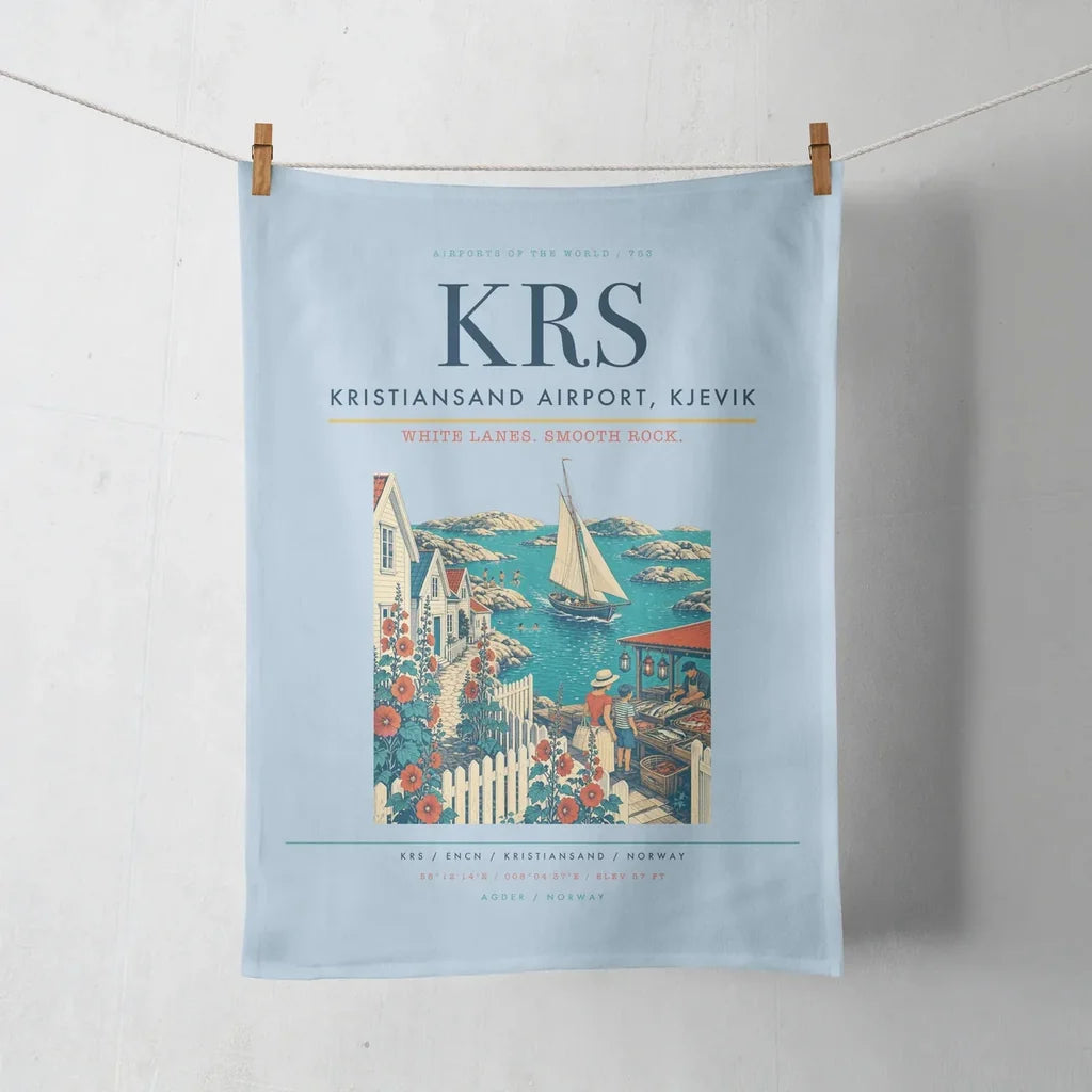 Kristiansand Airport, Kjevik (KRS) design on light blue towel
