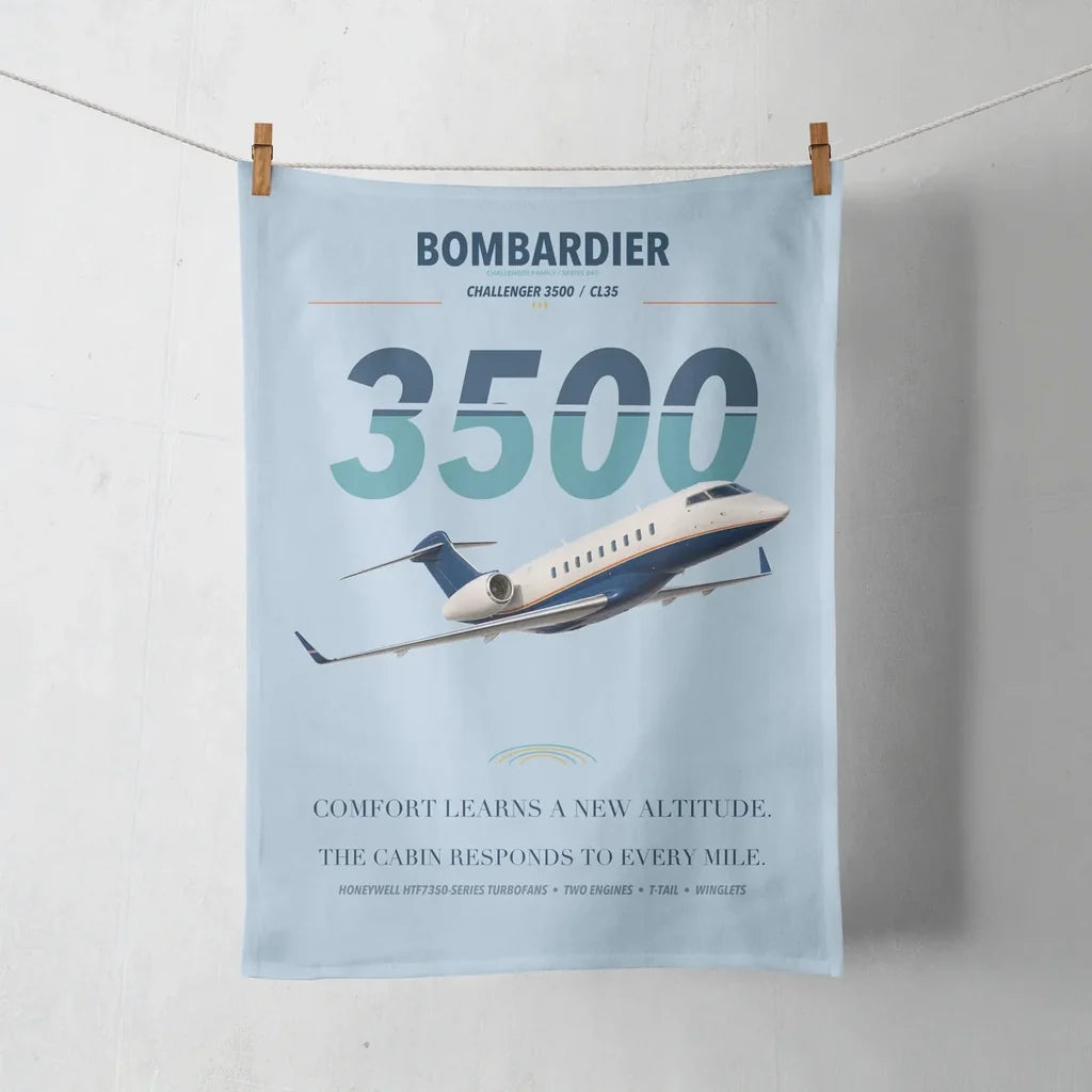 Bombardier Challenger 3500 design on light blue towel