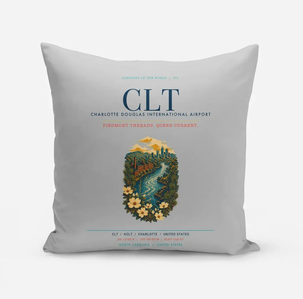 Charlotte Douglas International Airport (CLT) design on light gray pillow