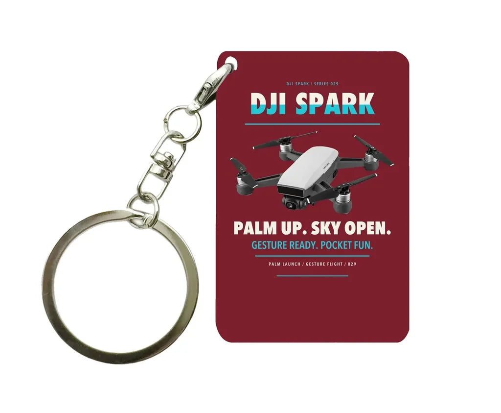 DJI Spark Key Chain design on dark red key chain