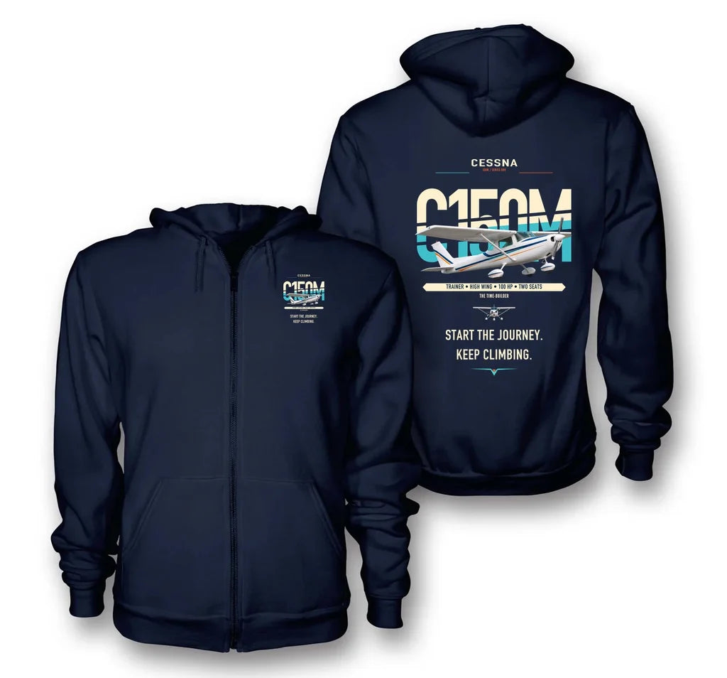 Cessna 150M design on navy blue premium zipped hoodie, double-side print
