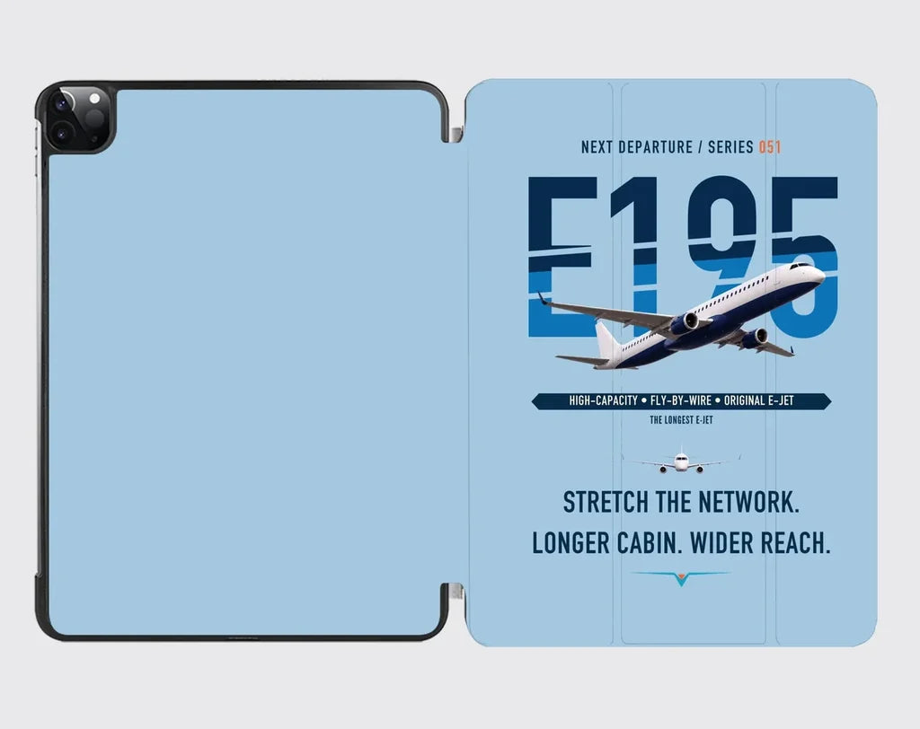 Embraer E195 design on light blue ipad tablet case