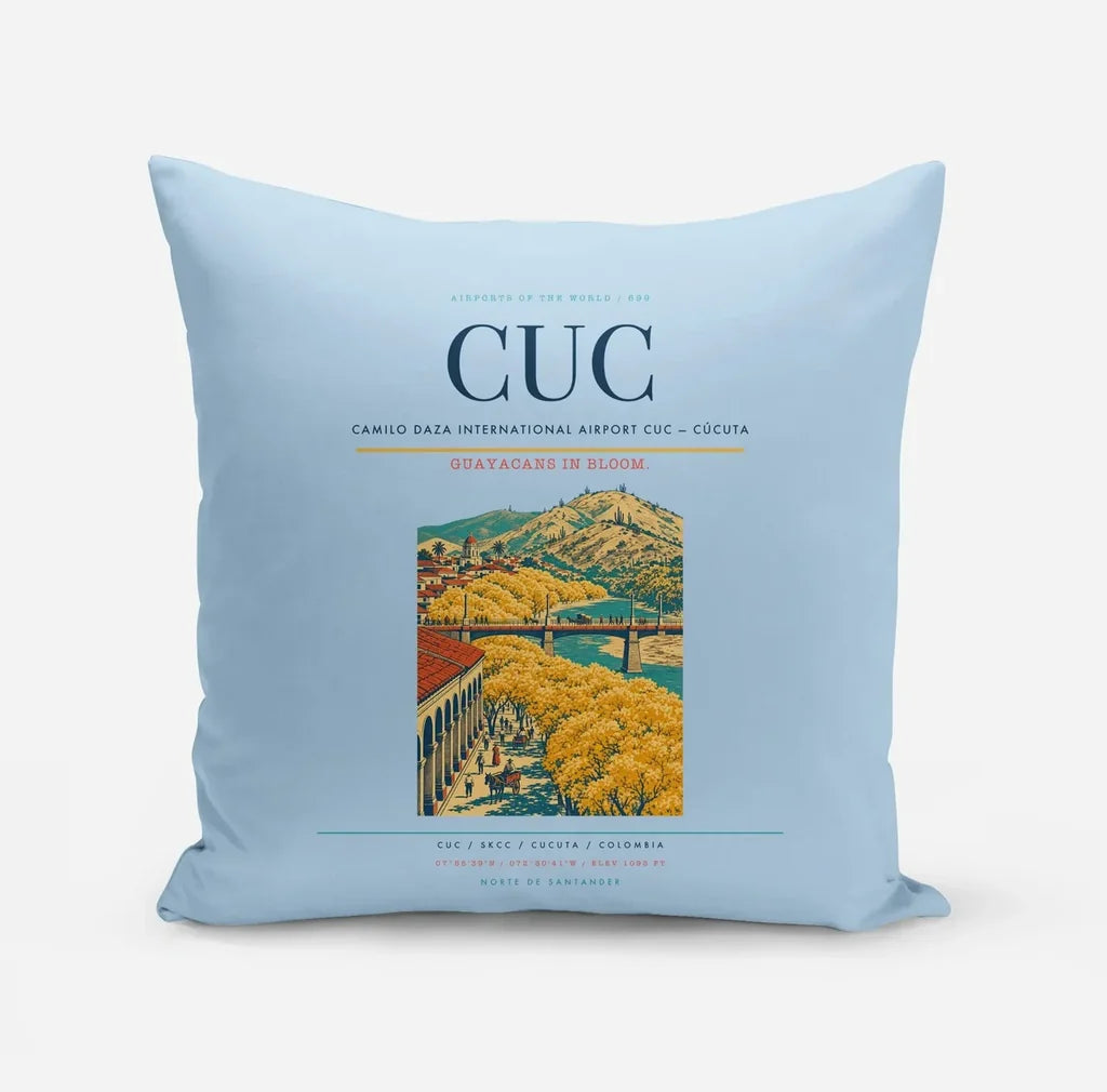 Camilo Daza International Airport (CUC) design on light blue pillow