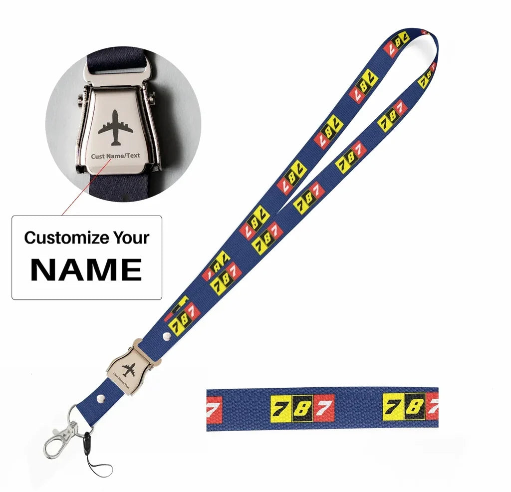 Flat Colourful 787 seat belt lanyard - dark blue with name