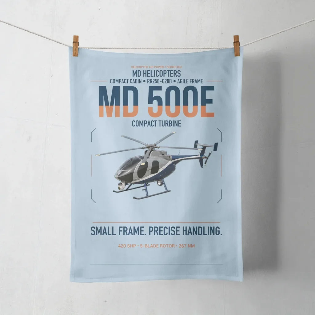 MD Helicopters MD 500E design on light blue towel
