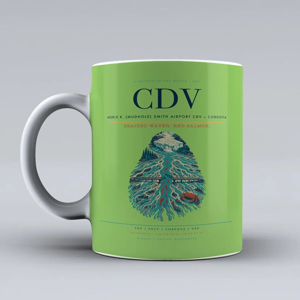 Merle K. (Mudhole) Smith Airport (CDV) airport code design on light green ceramic mug