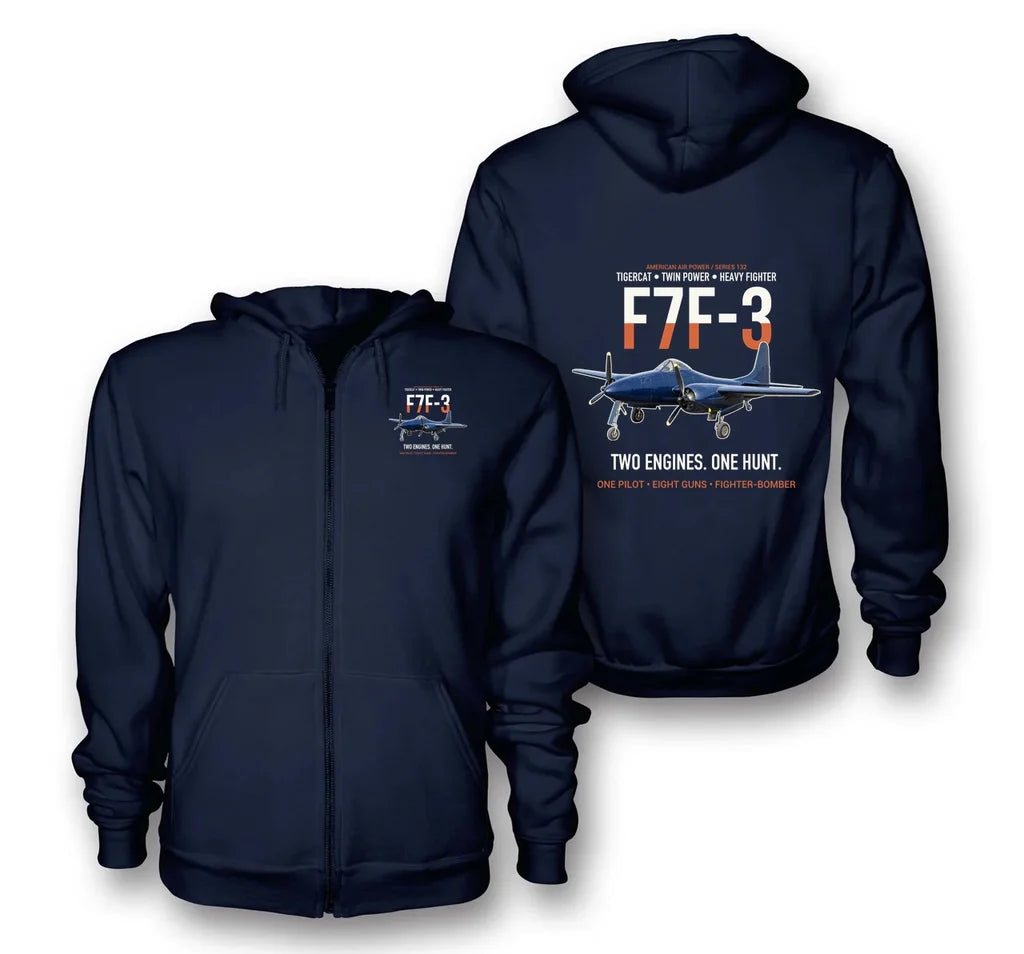 F7F-3 TIGERCAT design on navy blue zipped hoodie