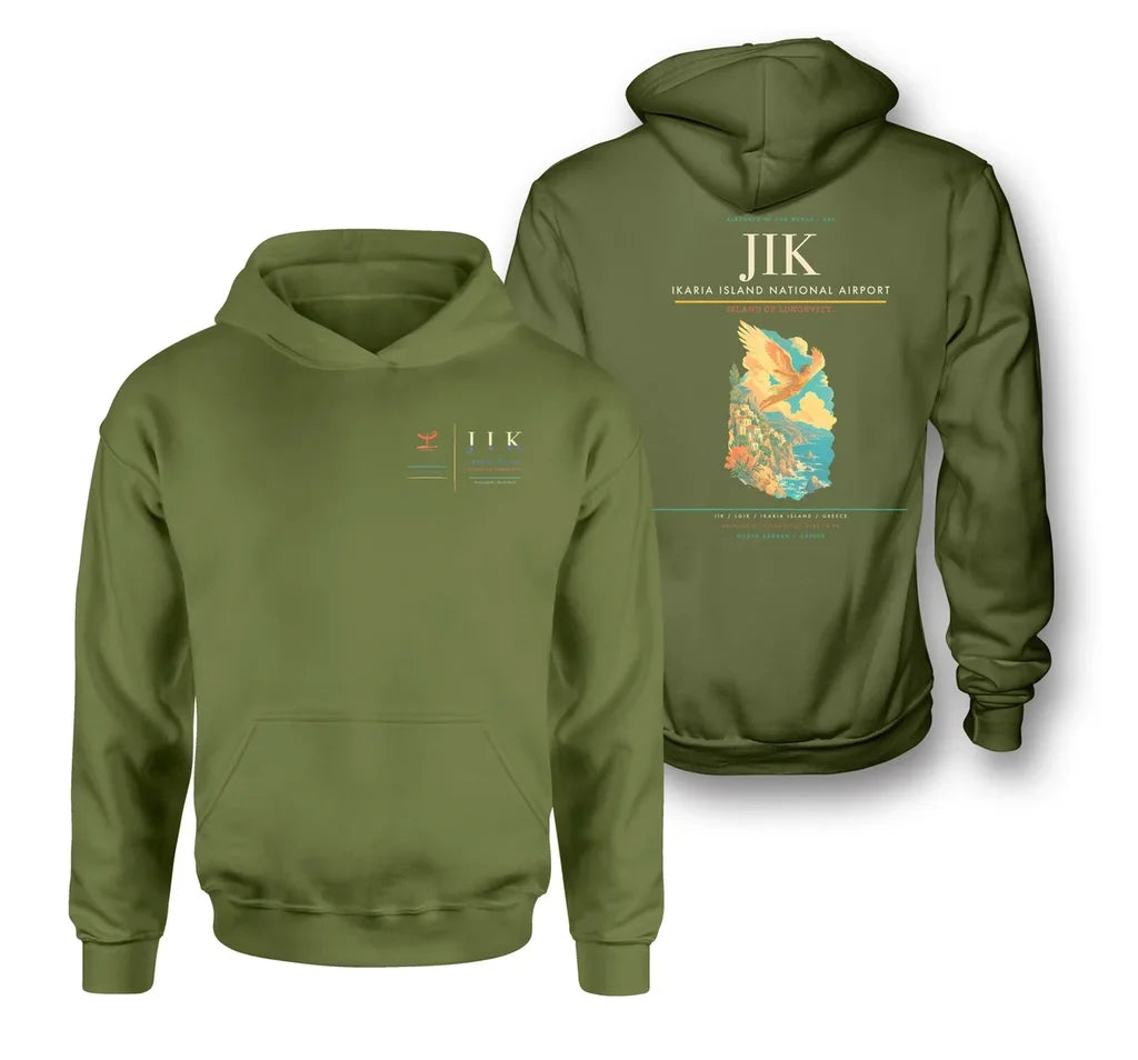 Ikaria Island National Airport (JIK) design on green army double-side hoodie