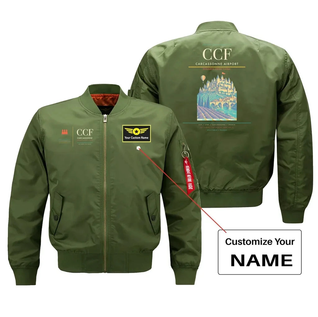 Carcassonne Airport (CCF) design on green bomber jacket with custom name patch