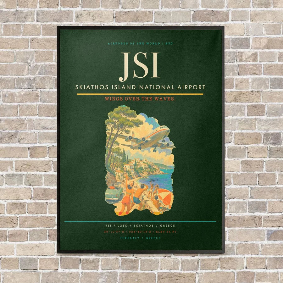 Skiathos Island National Airport JSI vertical canvas print - framed - dark green background