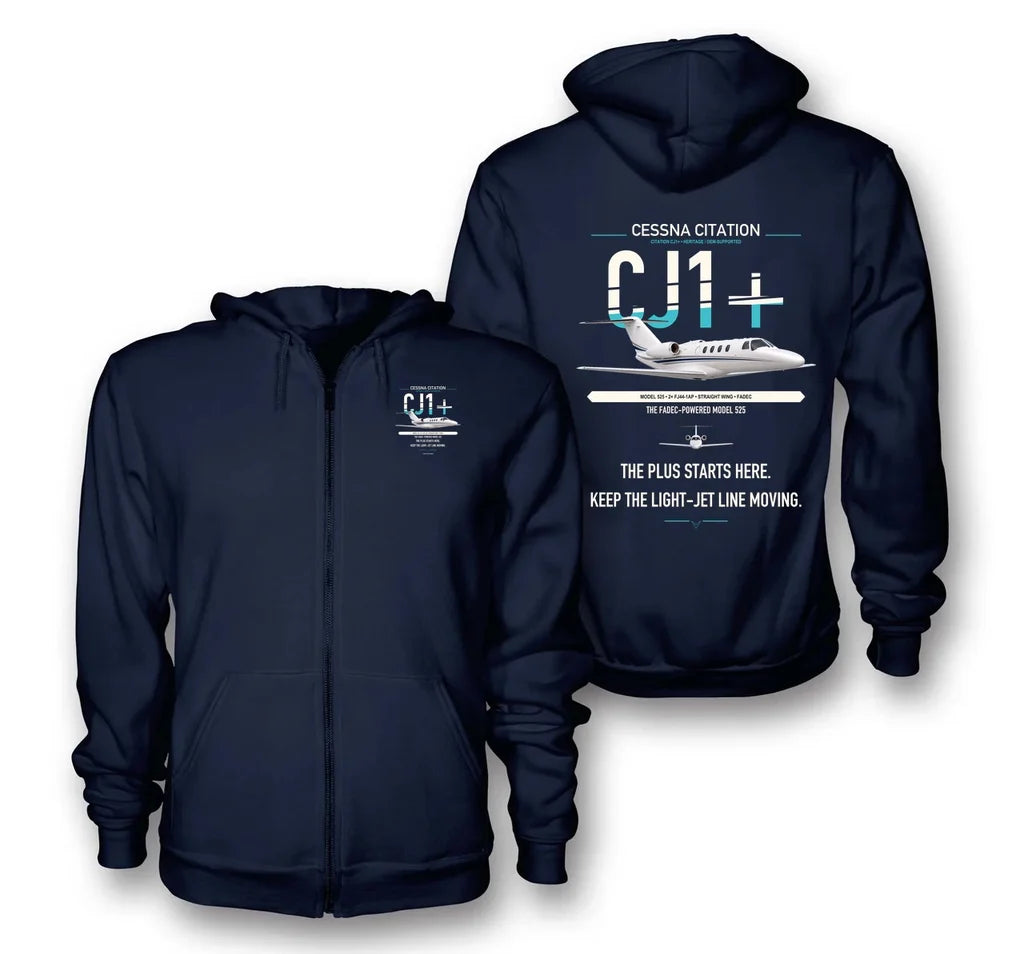 Cessna Citation CJ1+ design on navy blue premium zipped hoodie, double-side print