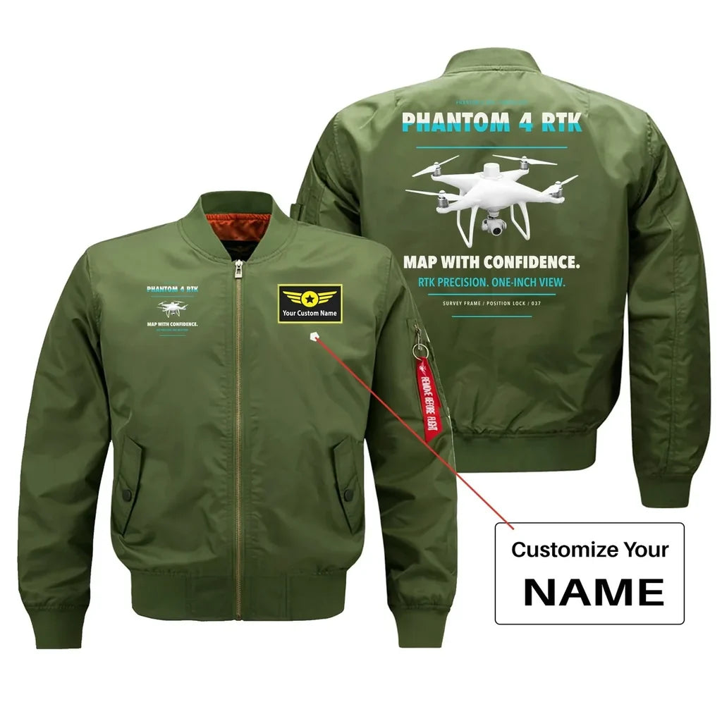 DJI Phantom 4 RTK design on green bomber with custom name badge