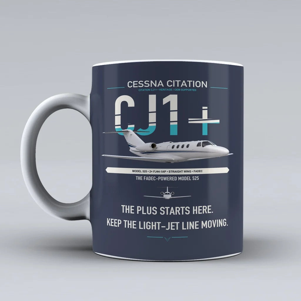Cessna Citation CJ1+ design on dark blue ceramic mug, double-side print