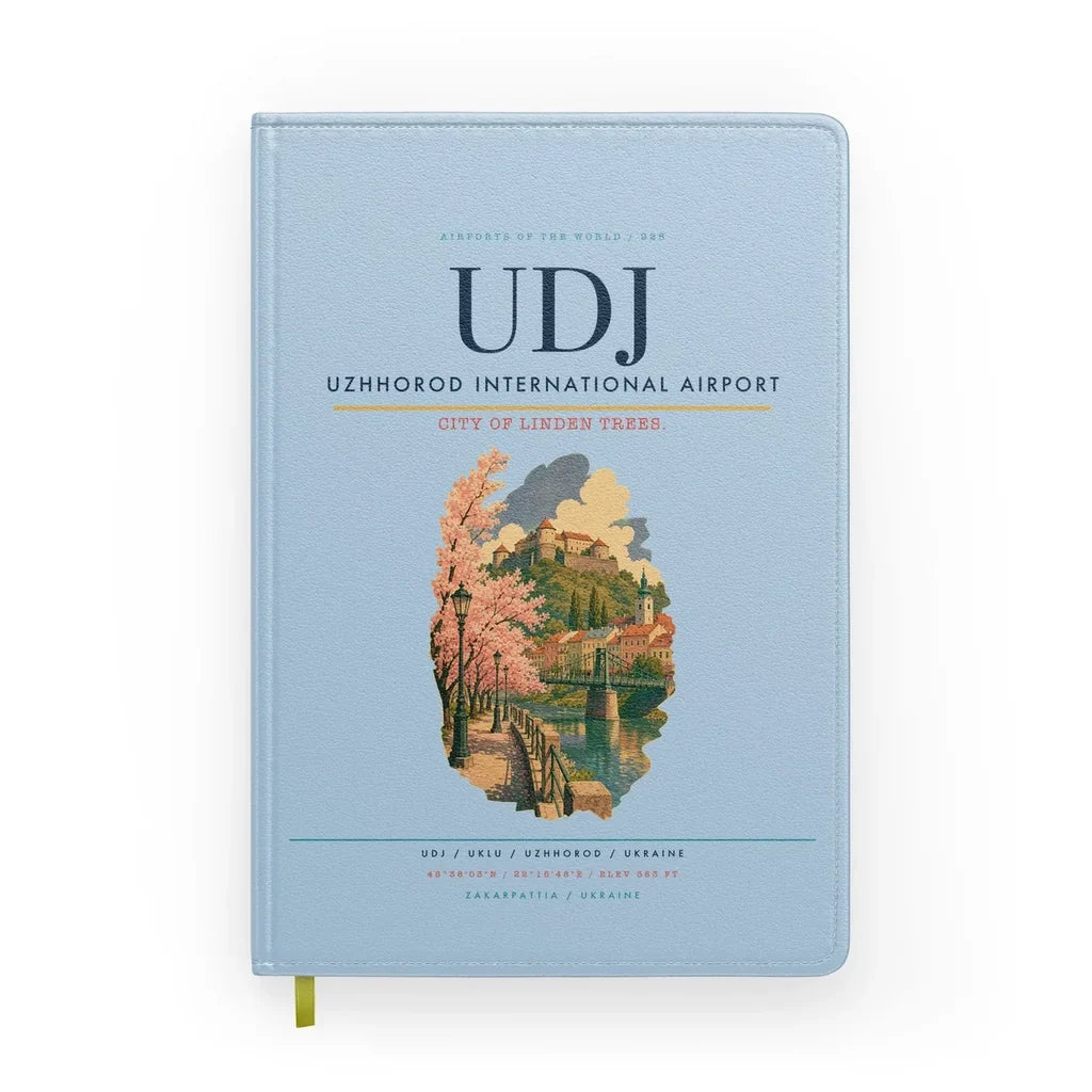 Uzhhorod International Airport (UDJ) design on light blue notebook