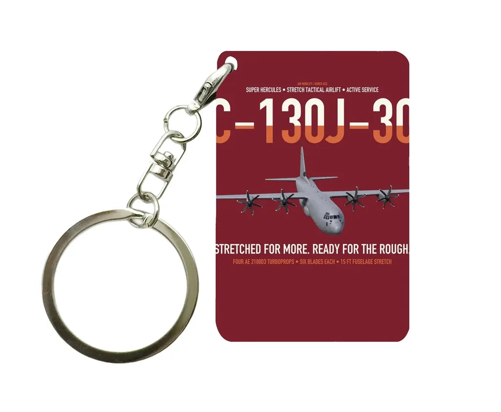 C-130J-30 Super Hercules design on dark red designed key chain, double-side print