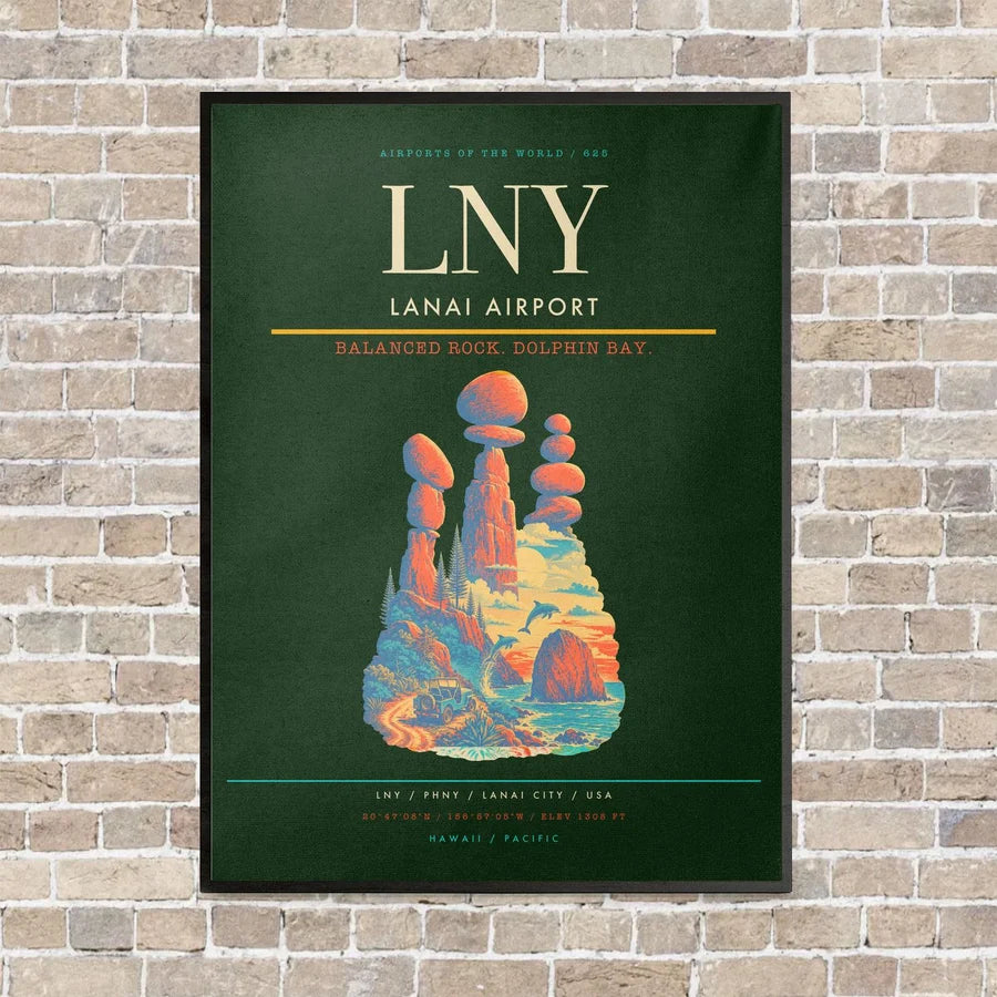Lanai Airport LNY vertical canvas print - framed - dark green background