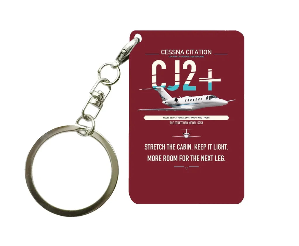 Cessna Citation CJ2+ design on dark red designed key chain, double-side print