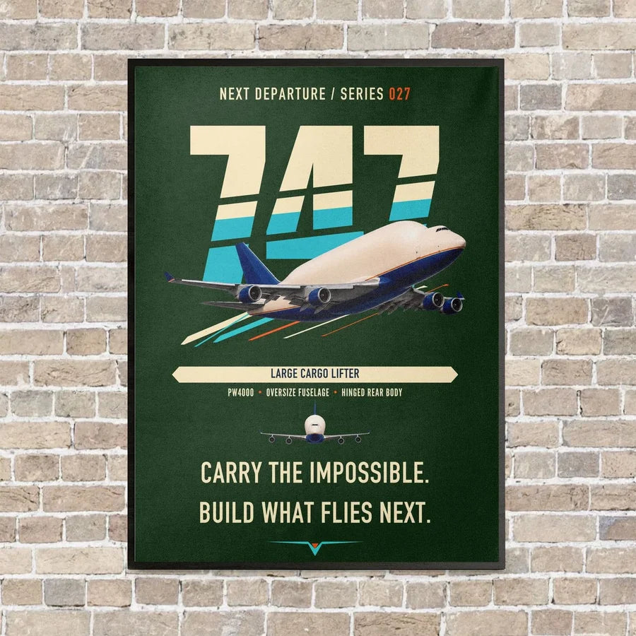 Boeing 747-400 Dreamlifter vertical canvas print - framed - dark green background