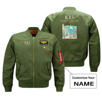 Thumbnail for Kristiansand Airport, Kjevik (KRS) design on green bomber jacket with custom name patch