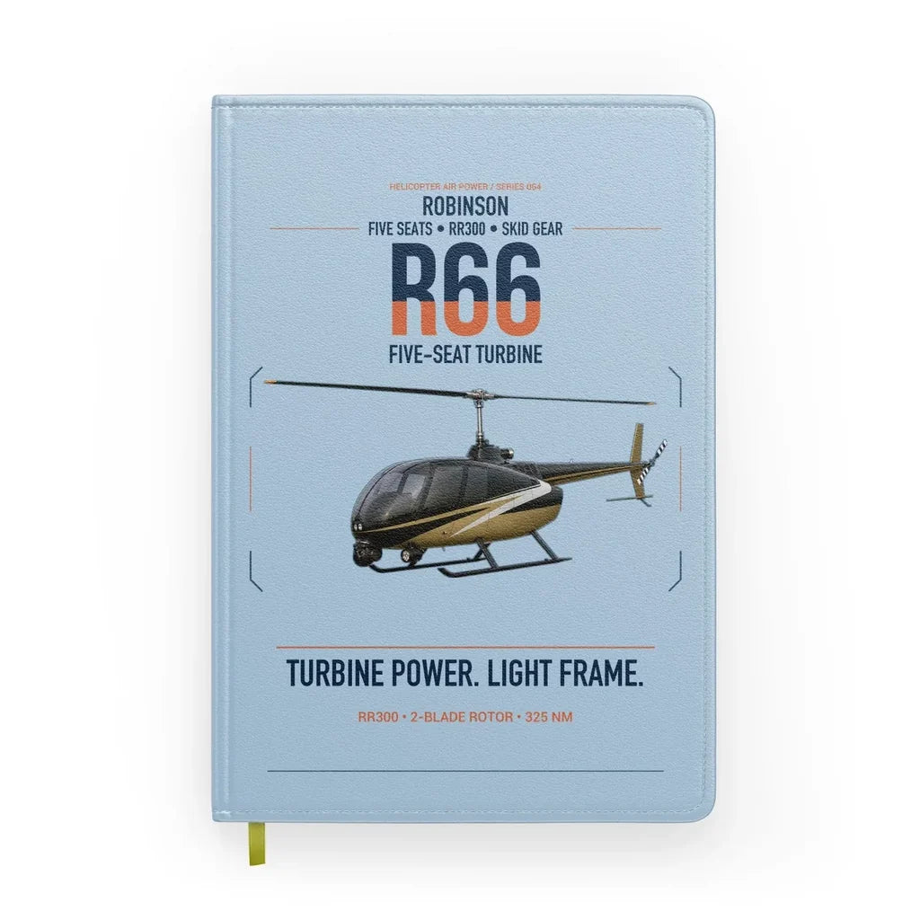 Robinson R66 design on light blue notebook