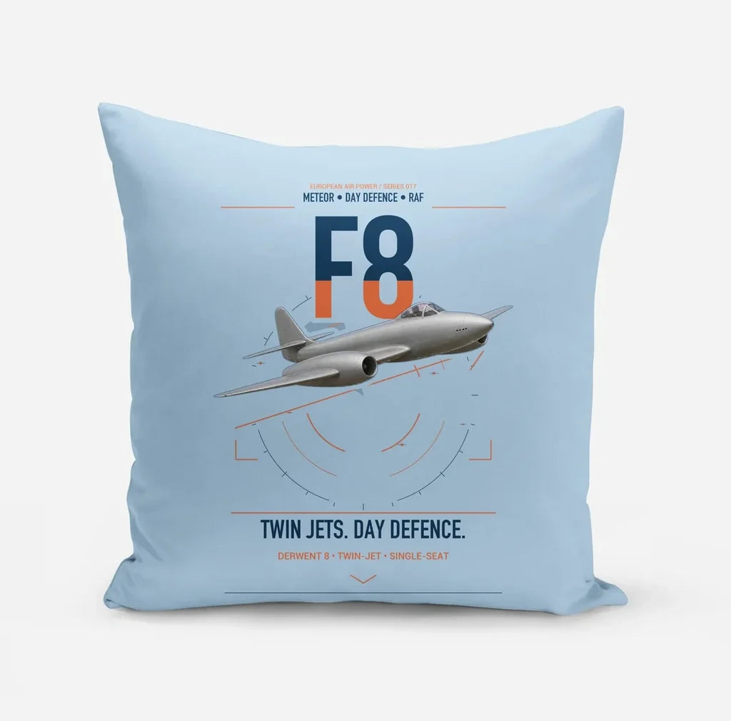 Gloster Meteor F8 design on light blue pillow