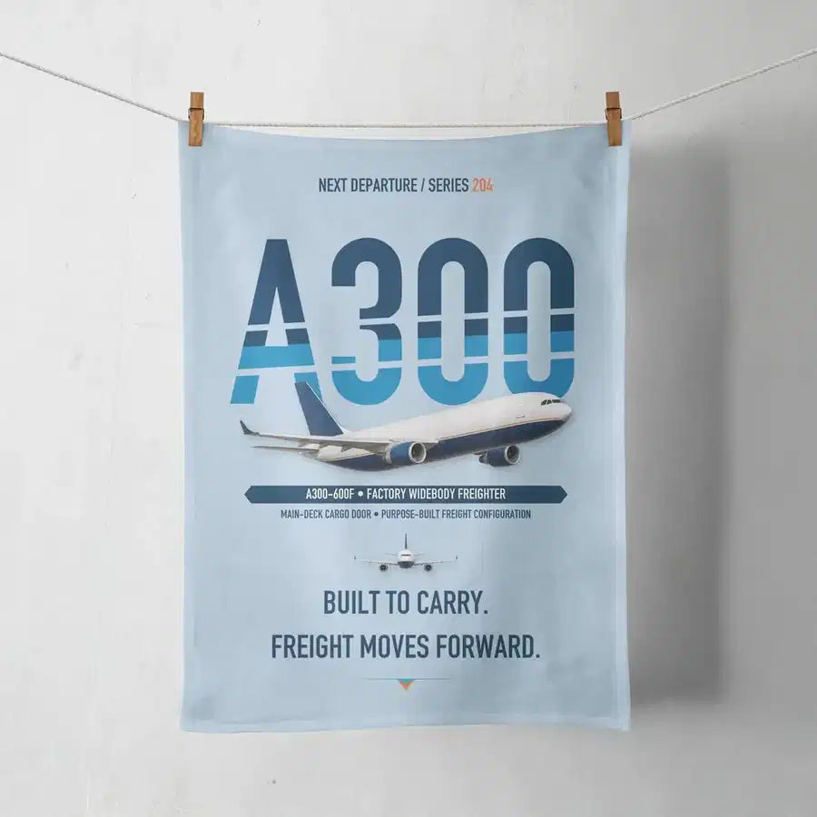 Airbus A300-600F design on light blue towel