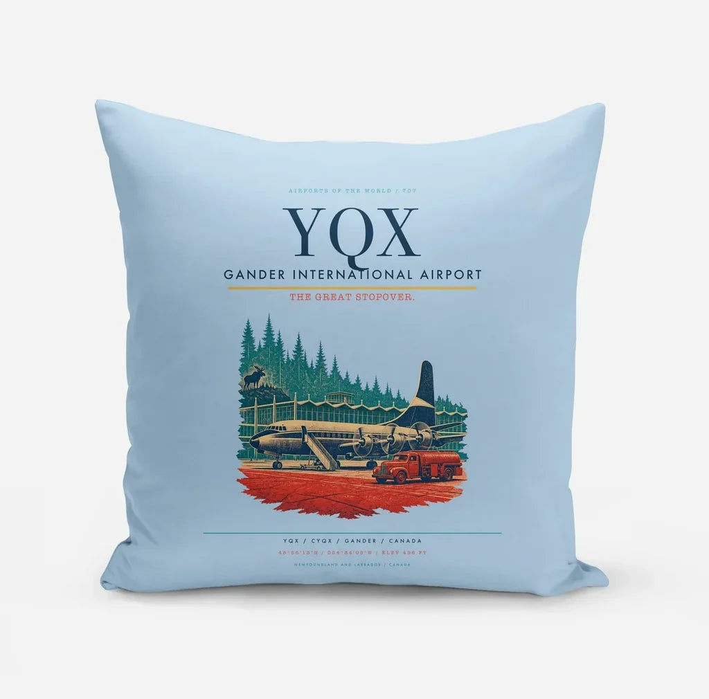 Gander International Airport (YQX) design on light blue pillow
