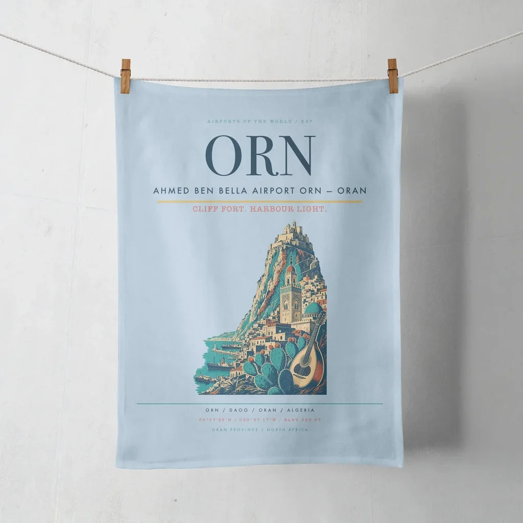 Ahmed Ben Bella Airport (ORN) design on light blue towel