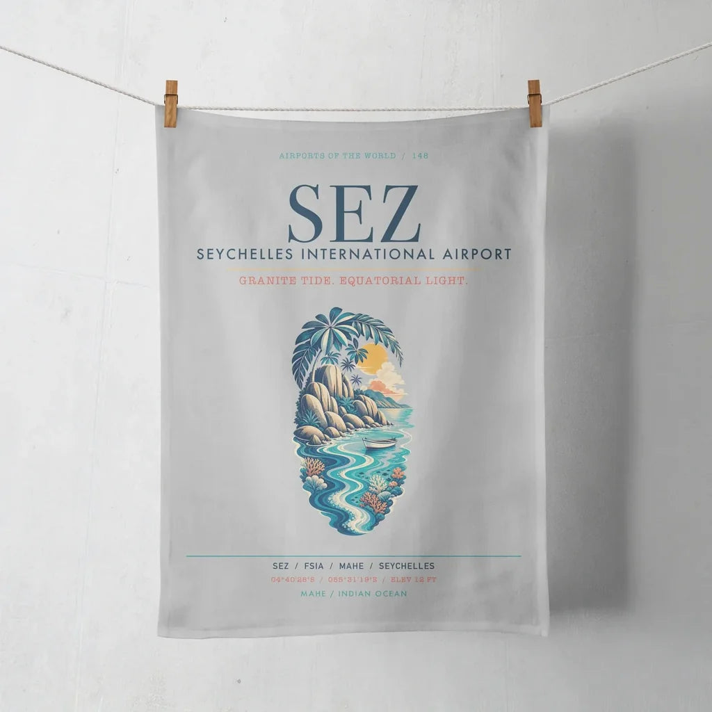 Seychelles International Airport (SEZ) design on light gray towel