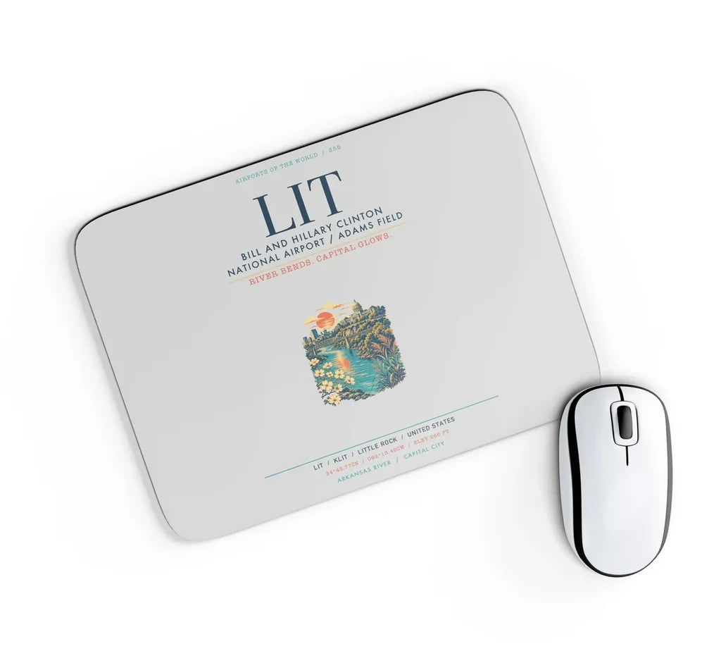 Bill and Hillary Clinton National Airport (LIT) design on light gray rectangle mouse pad