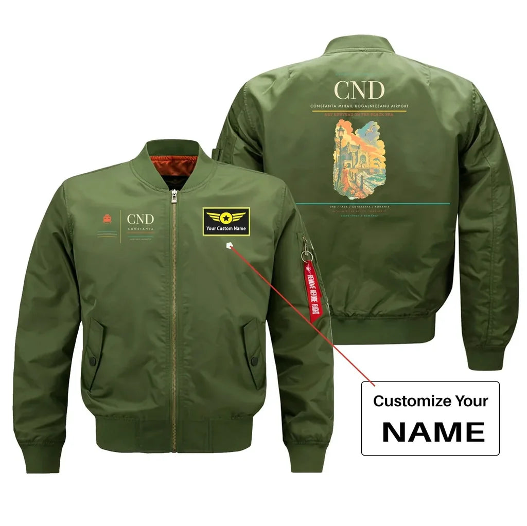 Constanta Mihail Kogalniceanu Airport (CND) design on green bomber jacket with custom name patch