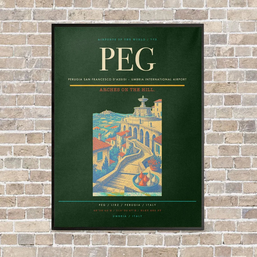 Perugia San Francesco d'Assisi – Umbria International Airport PEG vertical canvas print - framed - dark green background